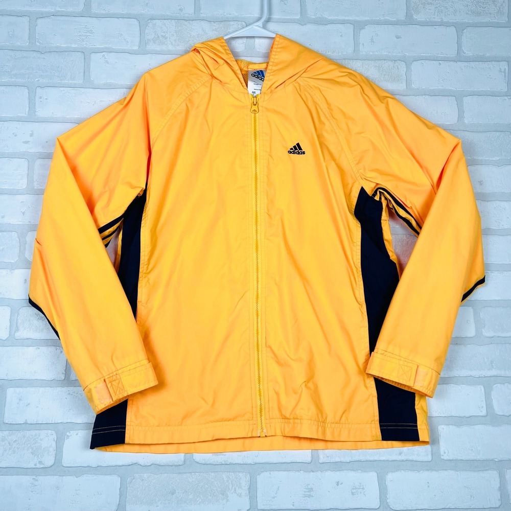 Adidas Mens Hooded Windbreaker Jacket Yellow Navy Blue Full Zip Size L